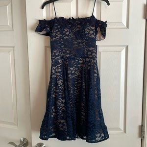 Women’s off-the-shoulder navy blue lace mini dress, size 5